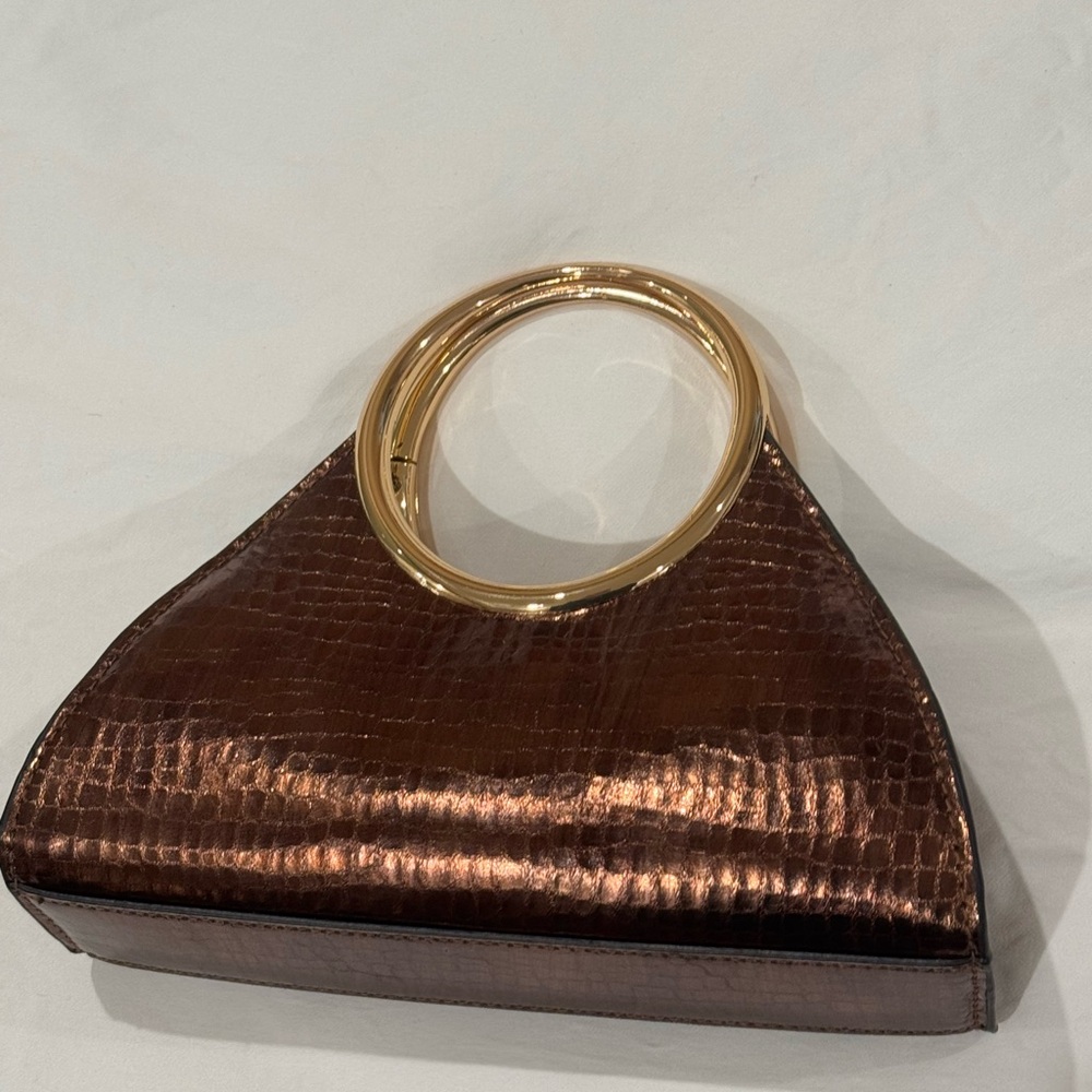 Aldo Metallic Brown Clutch with Gold Oval Handles